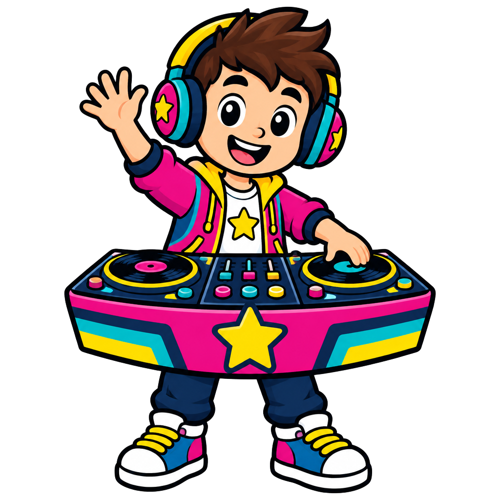 Cartoon DJ kid waving behind the disco decks
