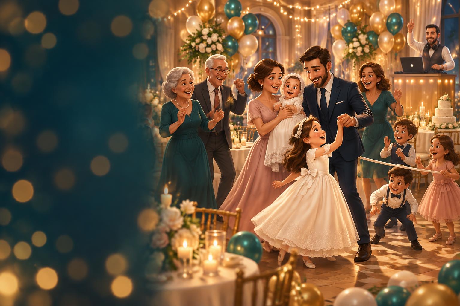Cartoon family celebration: grandparents, parents, a baby in a christening gown and a girl in a communion dress dancing while a DJ plays