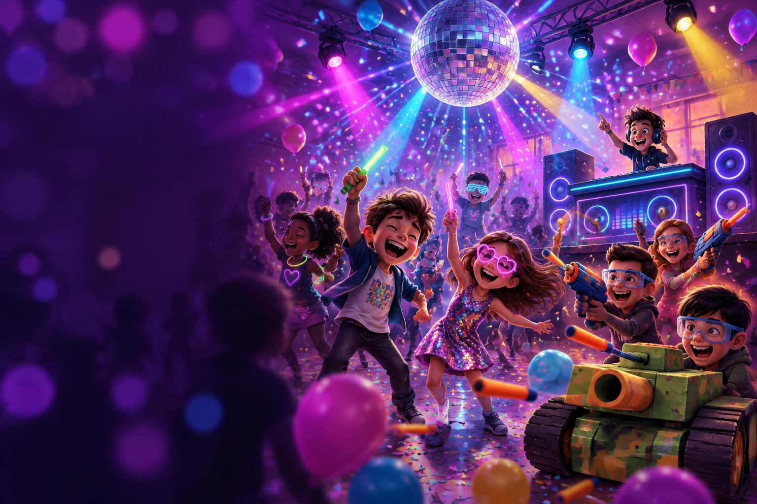 Cartoon kids party: children dancing under a mirror ball with a kid DJ, while others in goggles fire foam darts beside a toy tank