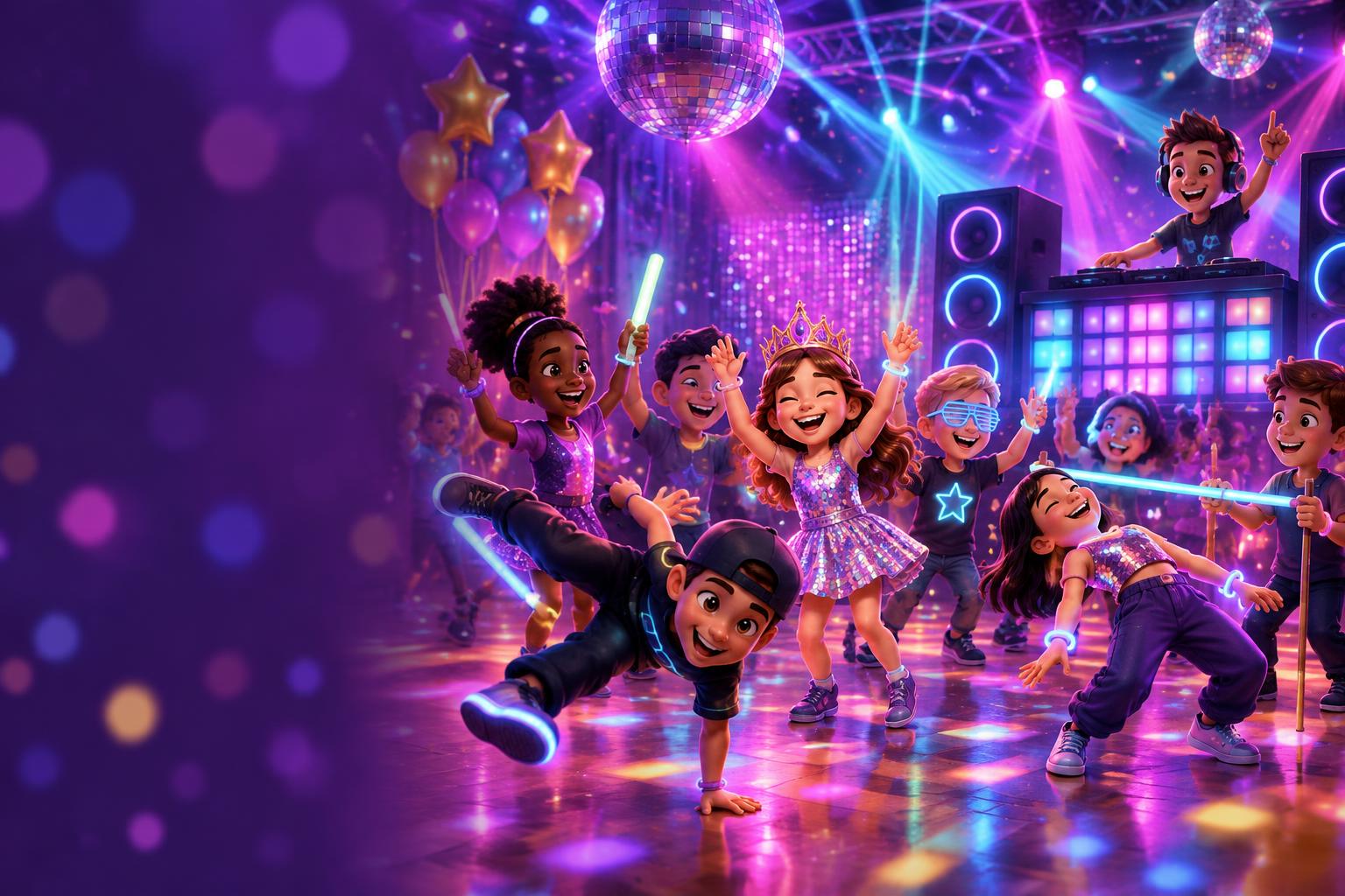 Cartoon kids birthday disco: a birthday girl in a crown dancing with friends under mirror balls and lasers while a kid DJ plays