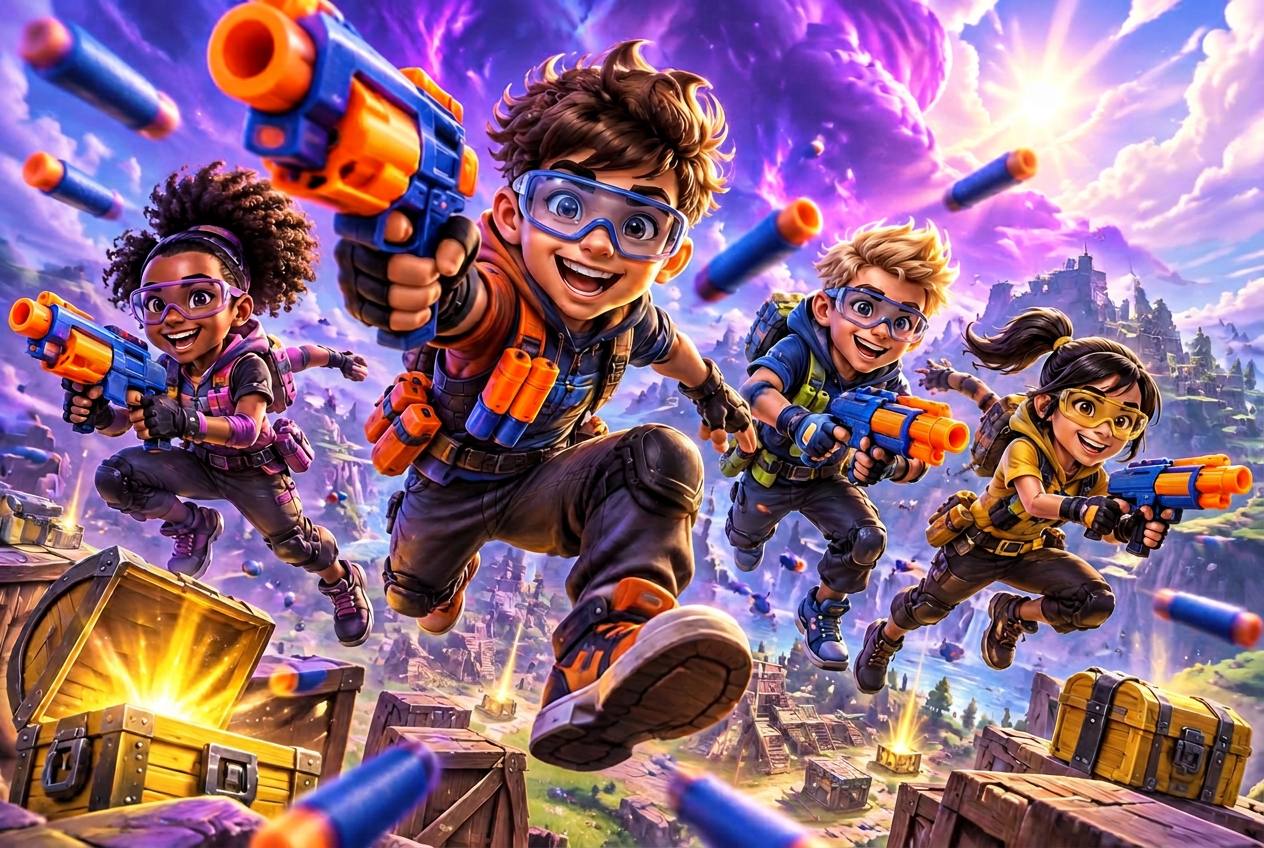 Cartoon squad of kids in safety goggles leaping into a foam blaster battle