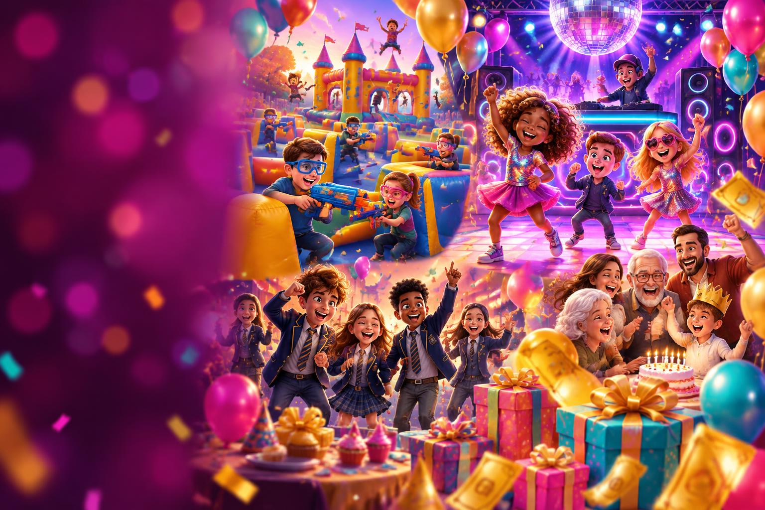 Cartoon party carnival: kids dancing with a DJ, a Nerf battle, school pupils dancing and a family celebration with gifts and balloons