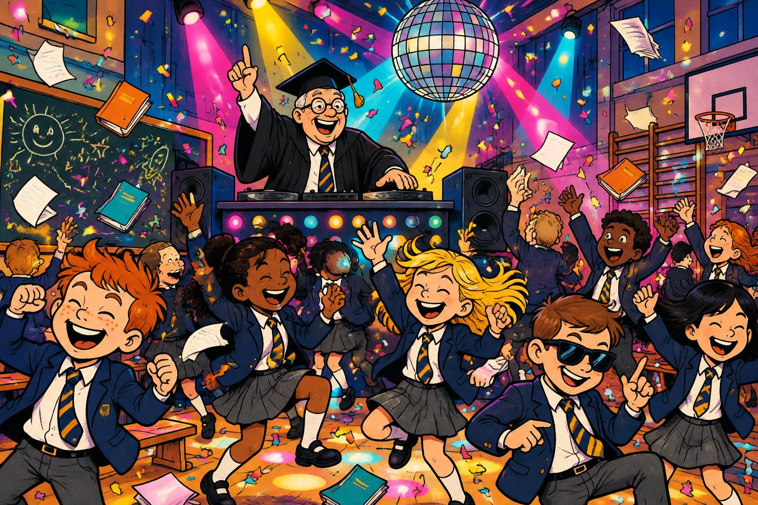 Cartoon headteacher in a gown and mortarboard DJing while pupils in school uniform dance and throw books under a disco ball